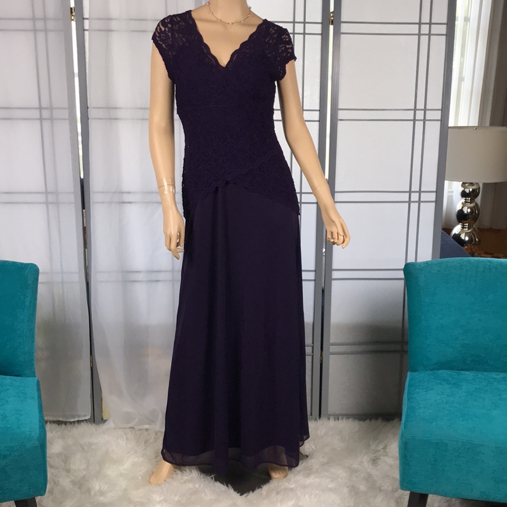Onyx Nite | Formal Maxi Dark Purple Sheer & Lace Gown | Size 6